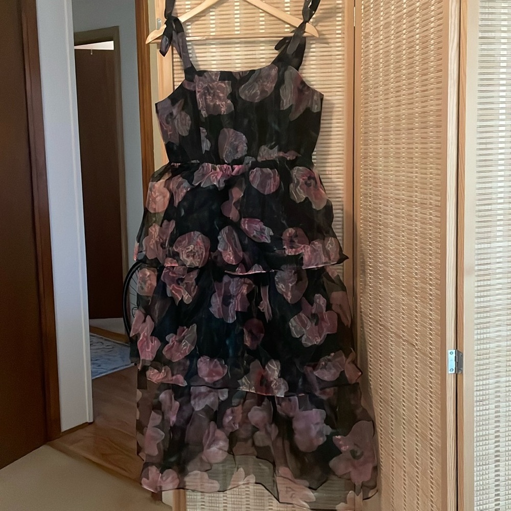 Valiant Charmer Black Floral Print Tie-Strap Tiered Midi Dress